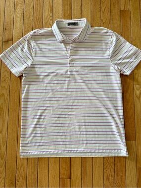 G/FORE White Polo with Thin Pink and Yellow Stripes